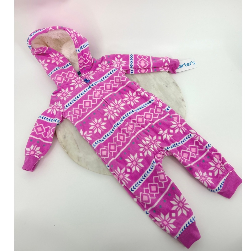Carters Baby Girl 9M Pink Fair Isle Snowflake Fleece Hooded Jumpsuit